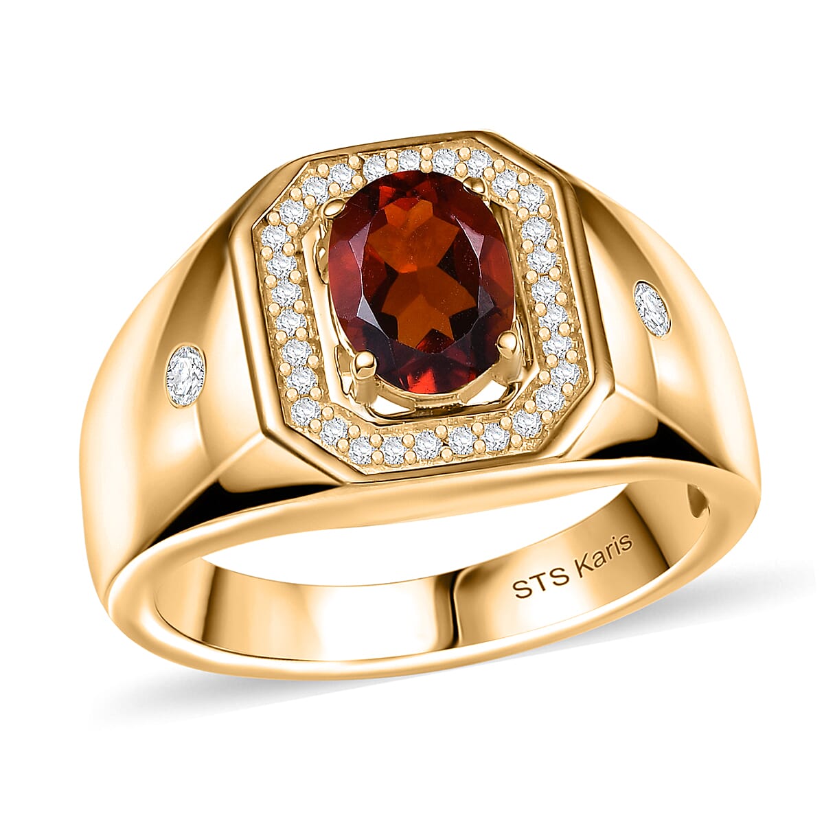 Karis Brazilian Cherry Citrine, White Zircon Art Deco Men's Ring in 18K YG Plated (Size 10.0) 1.50 ctw