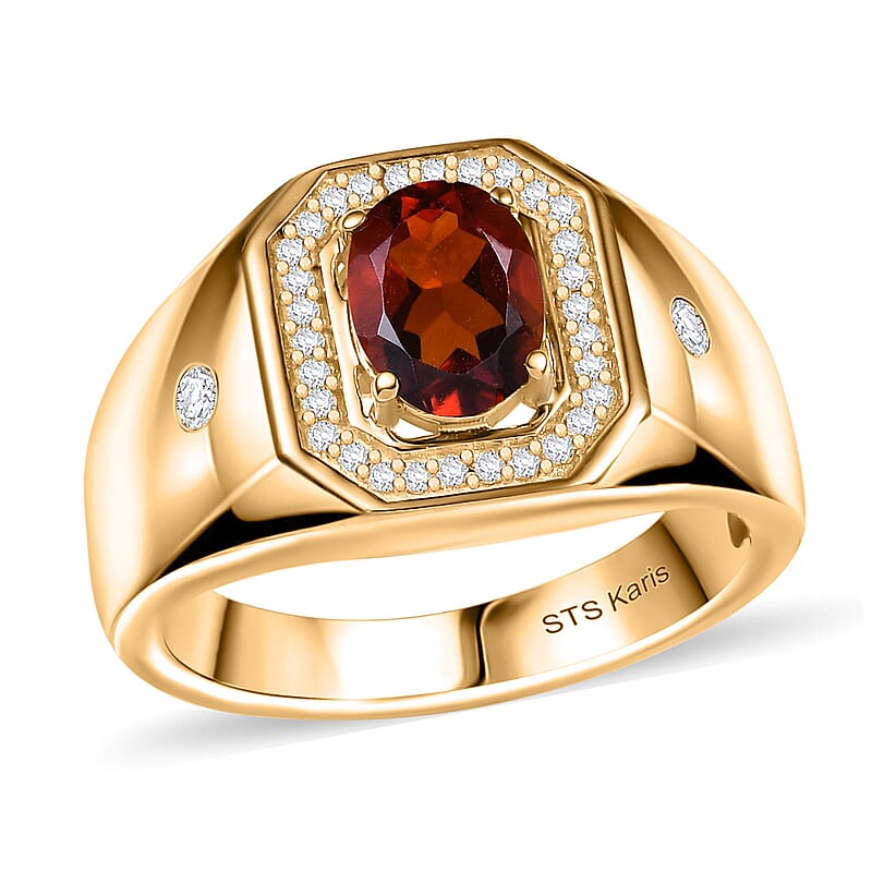 Karis Brazilian Cherry Citrine, White Zircon Art Deco Men's Ring in 18K YG Plated (Size 10.0) 1.50 ctw