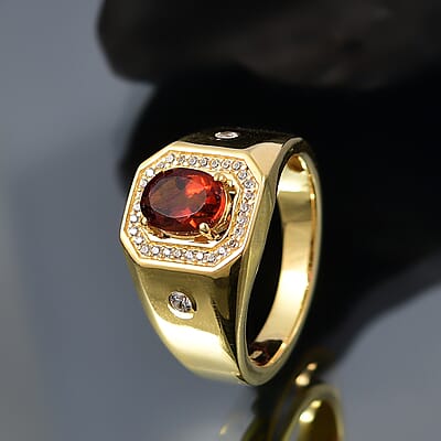 Karis Brazilian Cherry Citrine, White Zircon Art Deco Men's Ring in 18K YG Plated (Size 10.0) 1.50 ctw