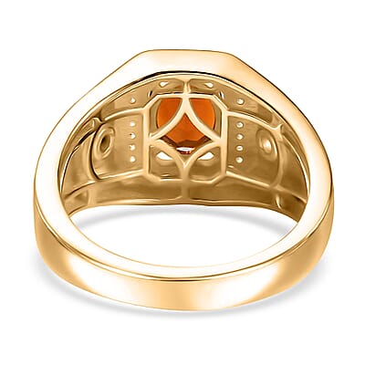 Karis Brazilian Cherry Citrine, White Zircon Art Deco Men's Ring in 18K YG Plated (Size 10.0) 1.50 ctw
