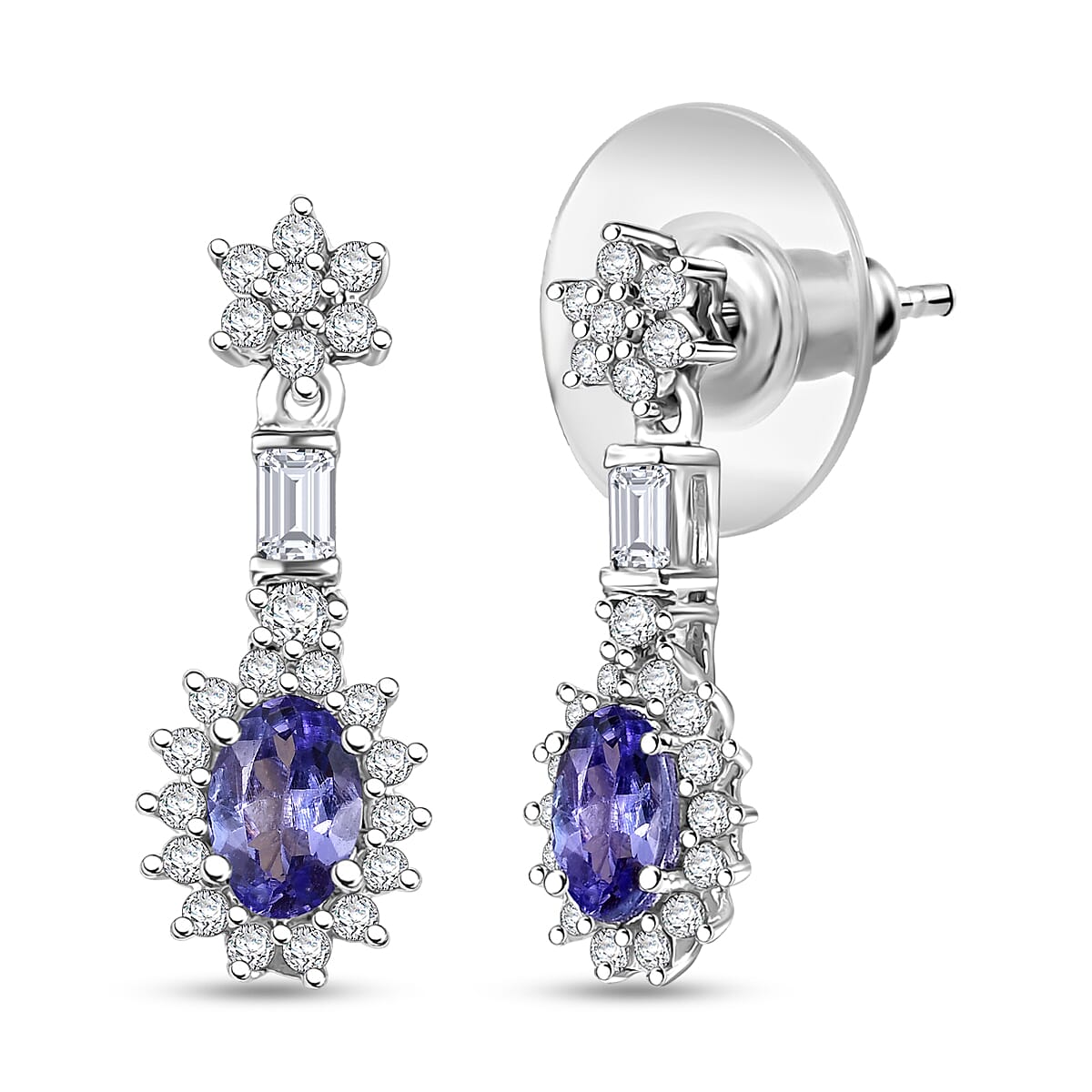 D'Joy Tanzanite and White Zircon 1.80 ctw Blooming Earrings in Rhodium Over Sterling Silver image number 0
