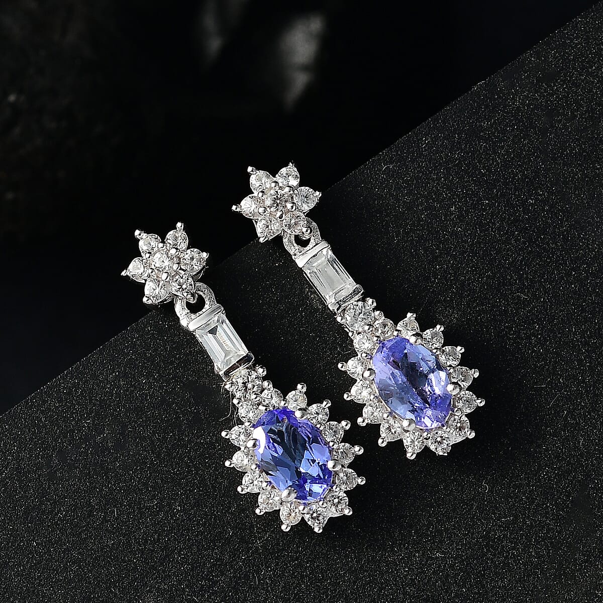 D'Joy Tanzanite and White Zircon 1.80 ctw Blooming Earrings in Rhodium Over Sterling Silver image number 1
