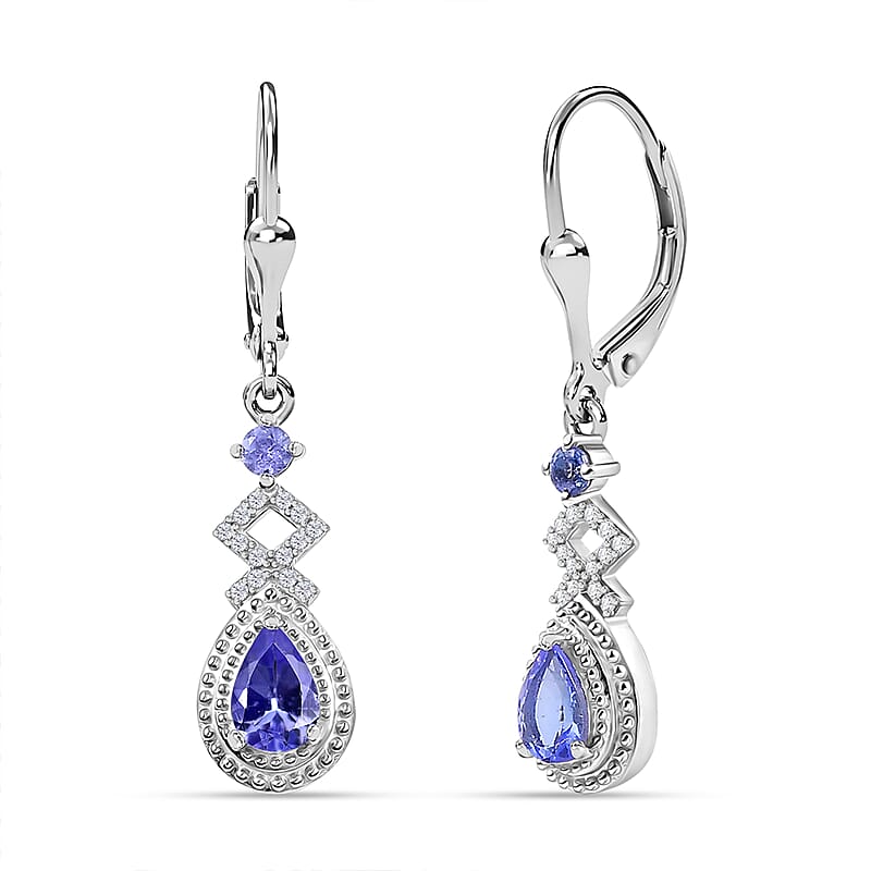 D'Joy Tanzanite and White Zircon 1.20 ctw Royal Vintage Earrings in Rhodium Over Sterling Silver