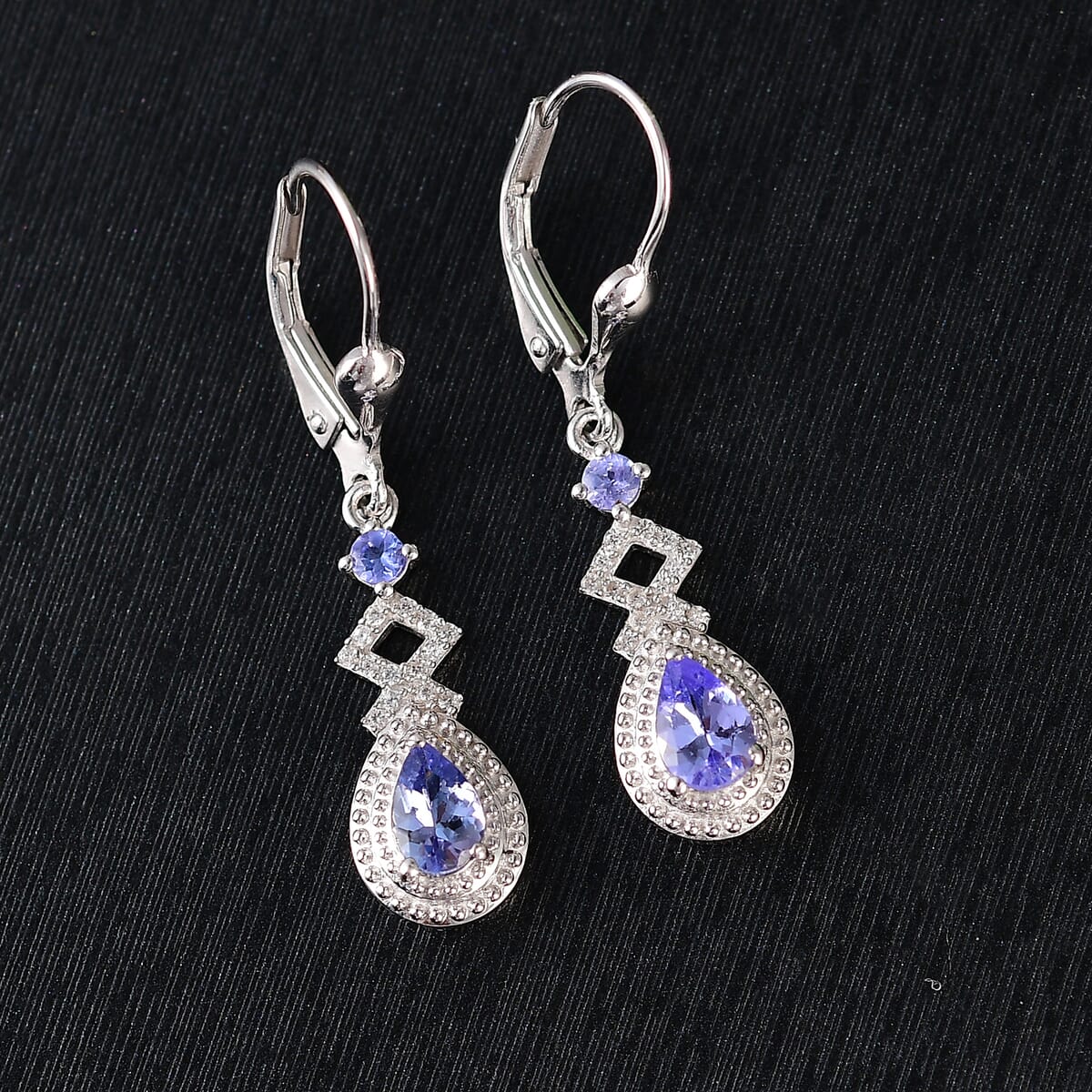 D'Joy Tanzanite and White Zircon 1.20 ctw Royal Vintage Earrings in Rhodium Over Sterling Silver image number 1