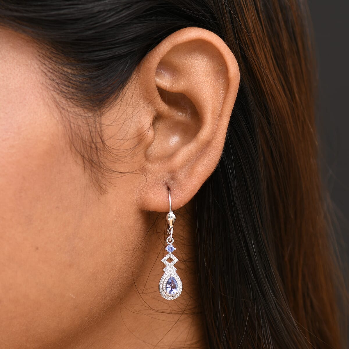 D'Joy Tanzanite and White Zircon 1.20 ctw Royal Vintage Earrings in Rhodium Over Sterling Silver image number 2