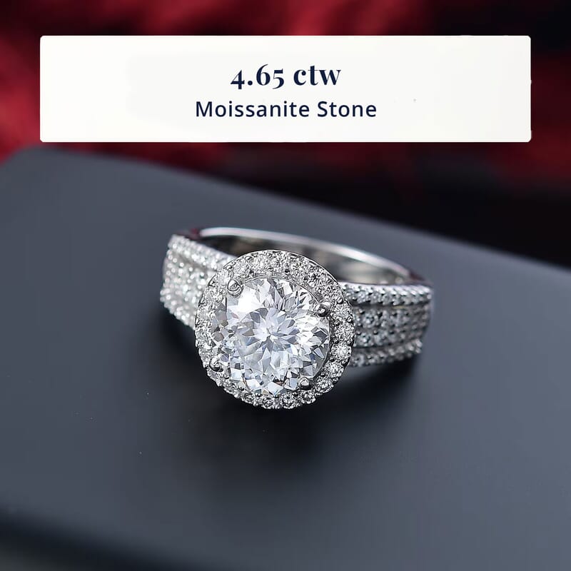 D'Joy 120 Facets Moissanite 4.65 ctw Vintage Halo Ring in Rhodium Over Sterling Silver (Size 10.0)