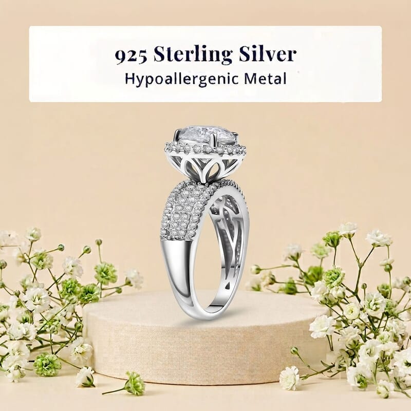 D'Joy 120 Facets Moissanite 4.65 ctw Vintage Halo Ring in Rhodium Over Sterling Silver (Size 10.0)