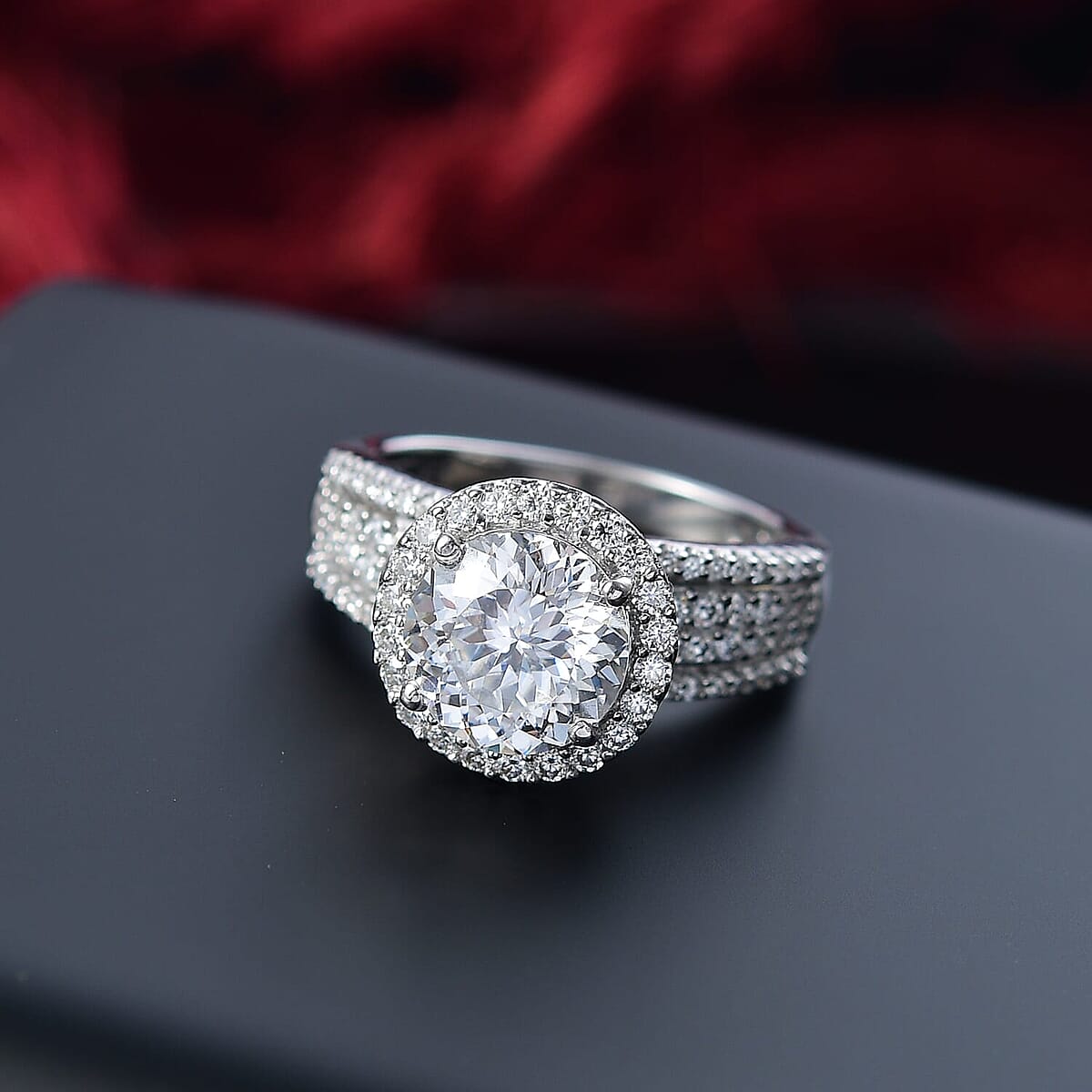 D'Joy 120 Facets Moissanite Vintage Halo Ring in Rhodium Over Sterling Silver (Size 5.0) 4.65 ctw image number 1