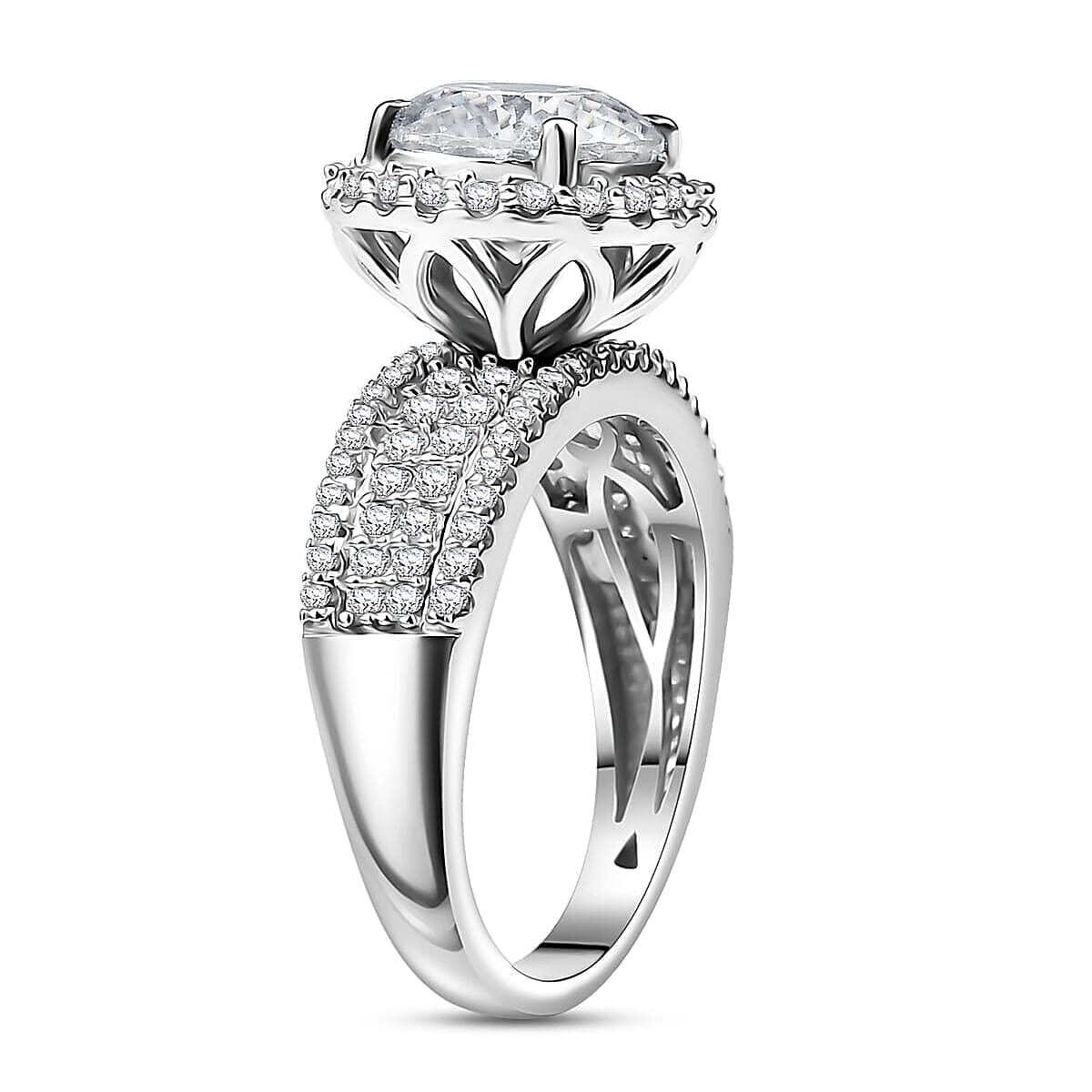 D'Joy 120 Facets Moissanite Vintage Halo Ring in Rhodium Over Sterling Silver (Size 5.0) 4.65 ctw image number 3