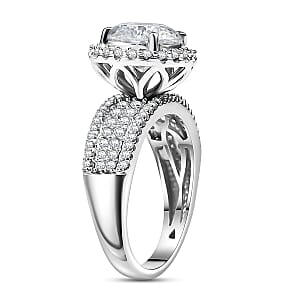 D'Joy 120 Facets Moissanite Vintage Halo Ring in Rhodium Over Sterling Silver (Size 5.0) 4.65 ctw