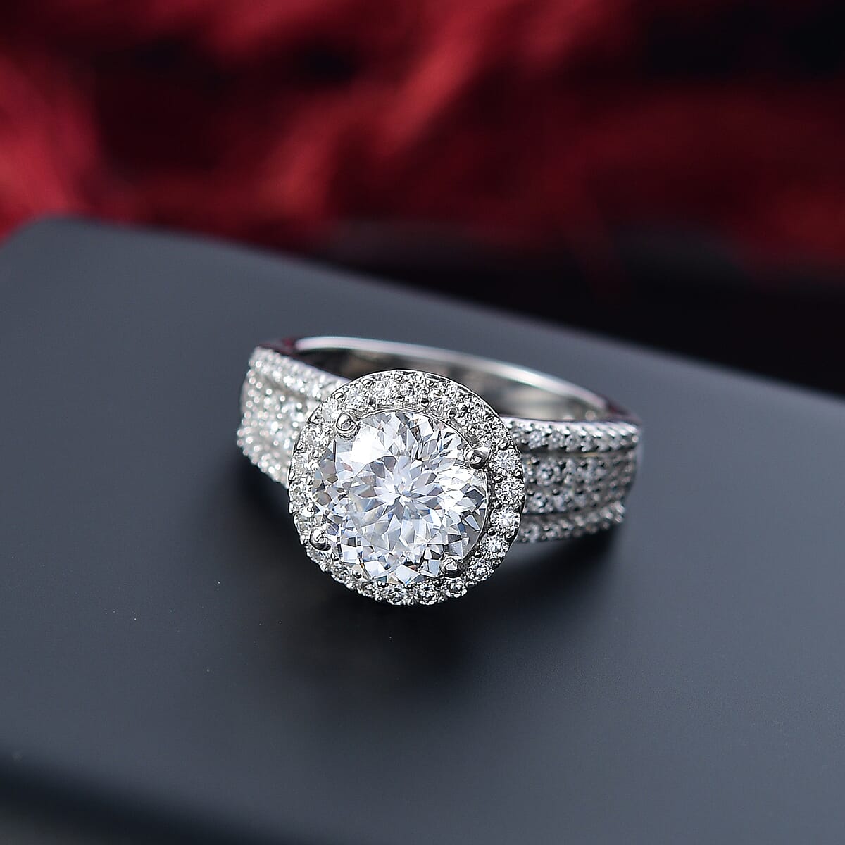 D'Joy 120 Facets Moissanite 4.65 ctw Vintage Halo Ring in Rhodium Over Sterling Silver (Size 7.0)  image number 1