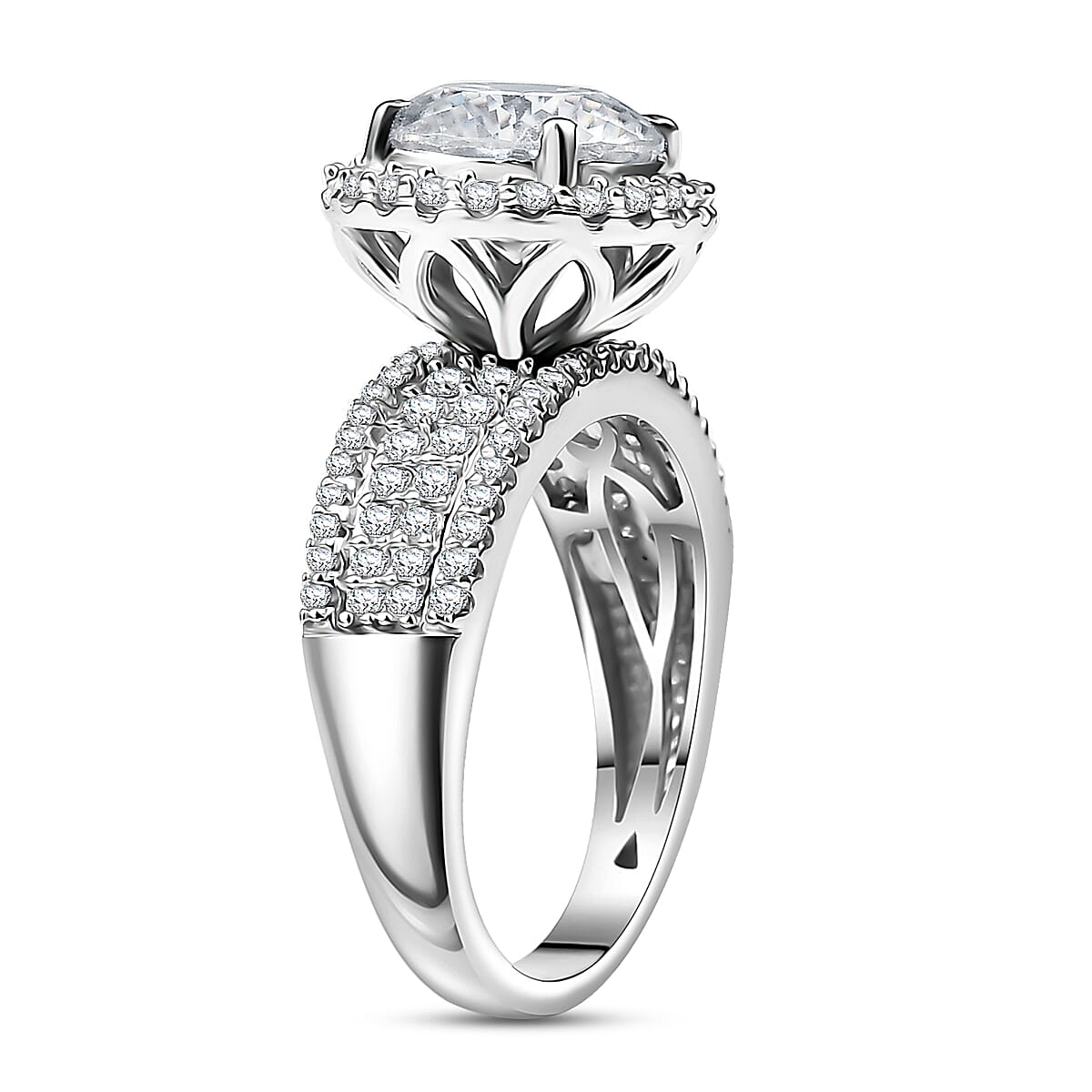 D'Joy 120 Facets Moissanite 4.65 ctw Vintage Halo Ring in Rhodium Over Sterling Silver (Size 8.0)