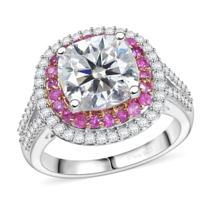 D'Joy Moissanite and Madagascar Pink Sapphire 4.40 ctw Vintage Elegance Ring in Rhodium Over Sterling Silver (Size 10.0) 