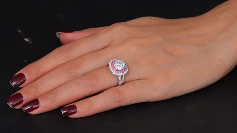 Moissanite and Madagascar Pink Sapphire 4.40 ctw Ring in Rhodium Over Sterling Silver