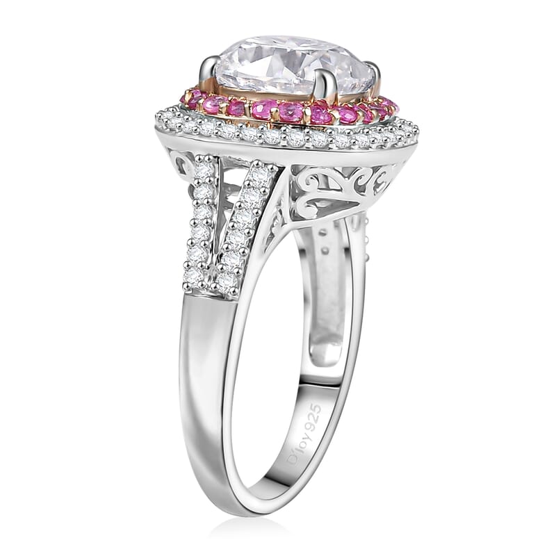 D'Joy Moissanite and Madagascar Pink Sapphire 4.40 ctw Vintage Elegance Ring in Rhodium Over Sterling Silver (Size 10.0)