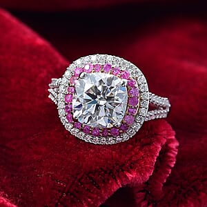 D'Joy Moissanite and Madagascar Pink Sapphire 4.40 ctw Vintage Elegance Ring in Rhodium Over Sterling Silver (Size 6.0) 
