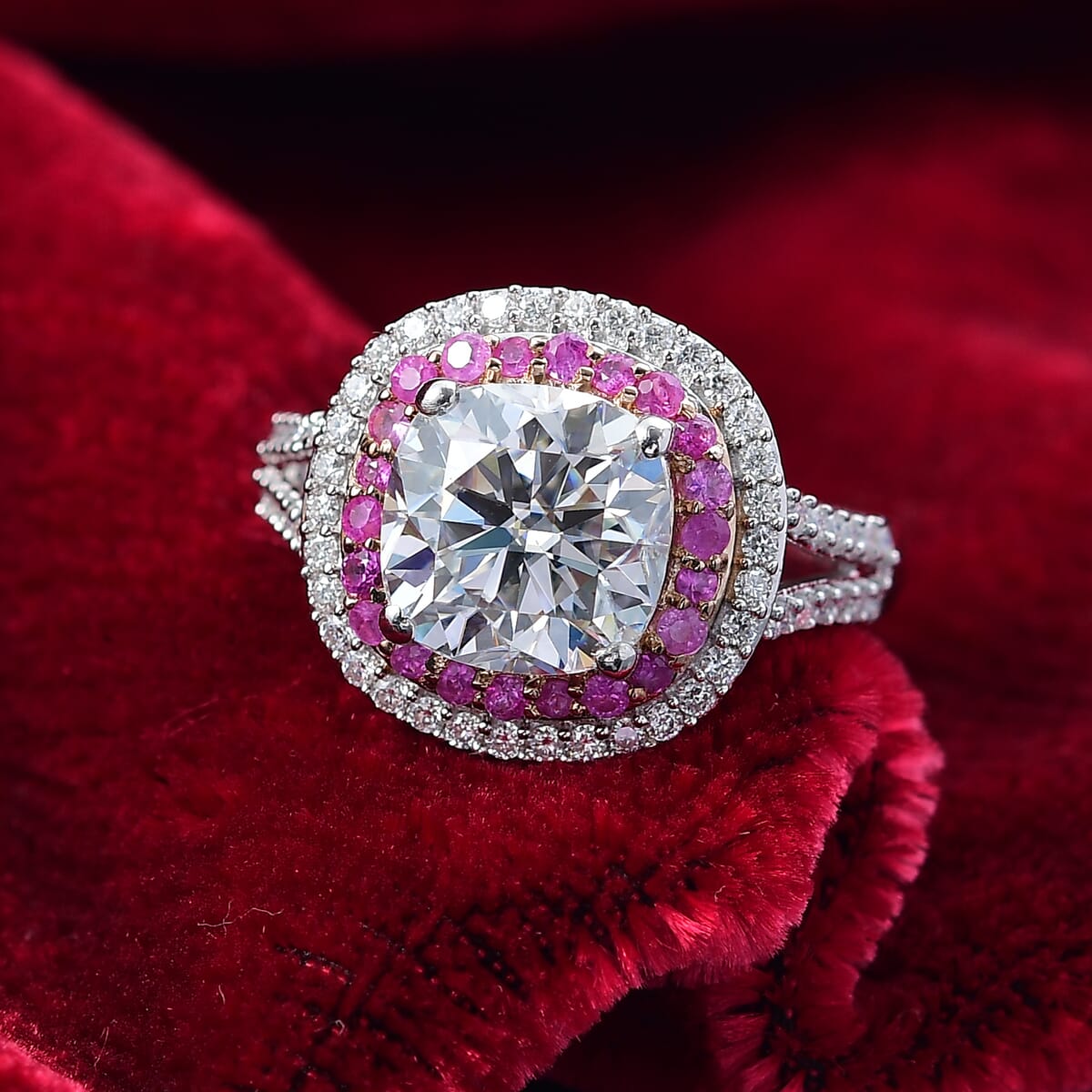 D'Joy Moissanite and Madagascar Pink Sapphire 4.40 ctw Vintage Elegance Ring in Rhodium Over Sterling Silver (Size 7.0)  image number 1