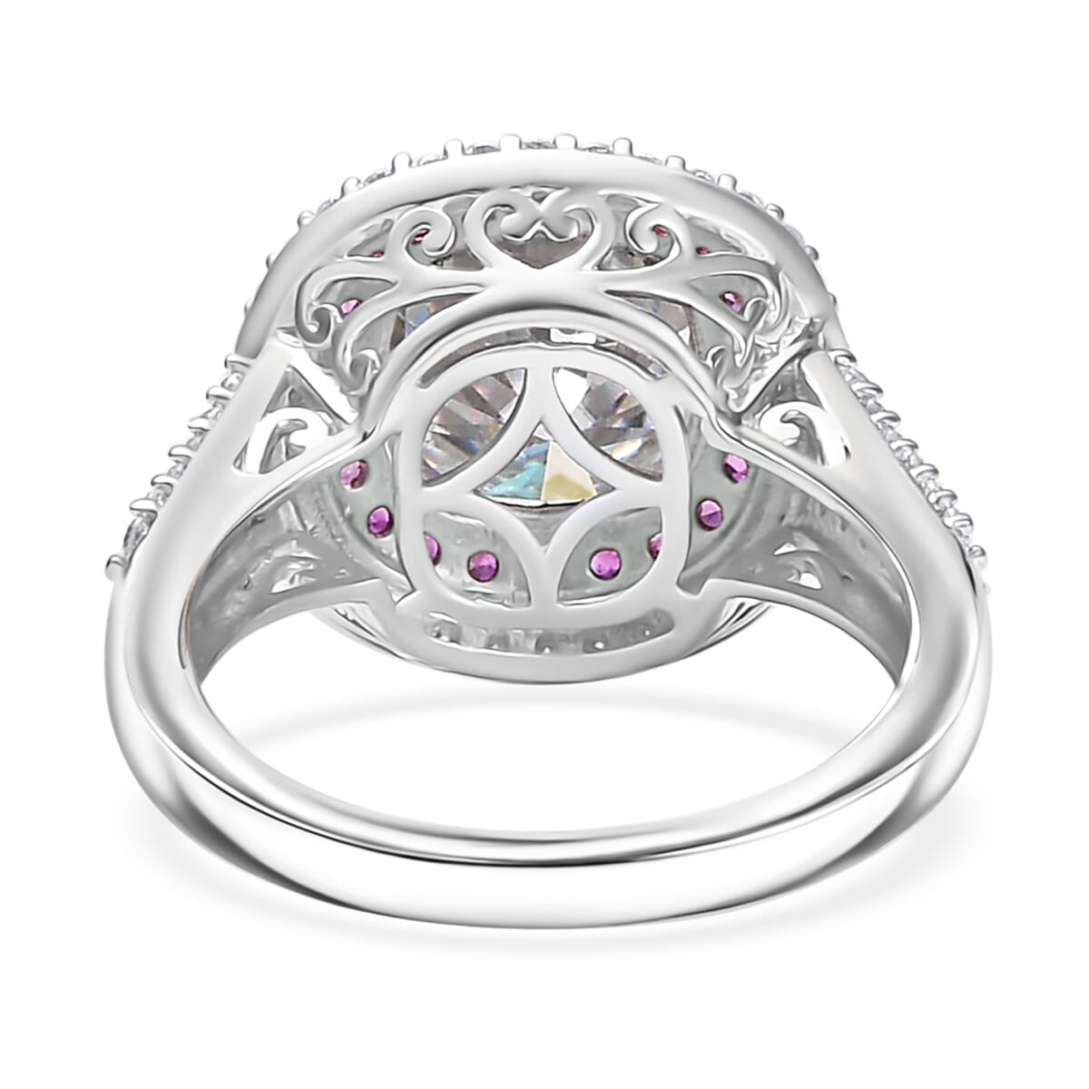 D'Joy Moissanite and Madagascar Pink Sapphire 4.40 ctw Vintage Elegance Ring in Rhodium Over Sterling Silver (Size 7.0)  image number 4