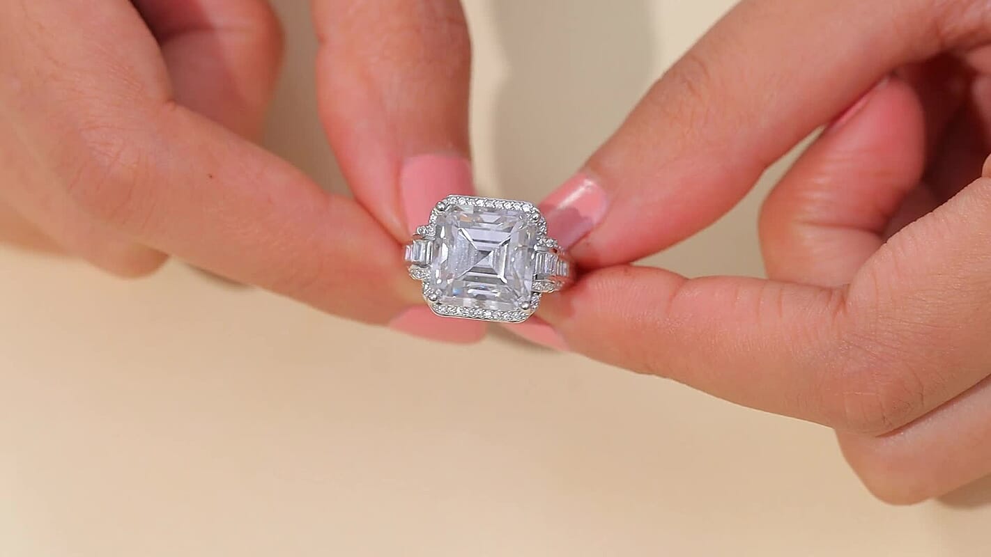 D'Joy Moissanite (12x12 mm) Ring in Rhodium Over Sterling Silver 7.09 (Size 10.0) 9.85 ctw