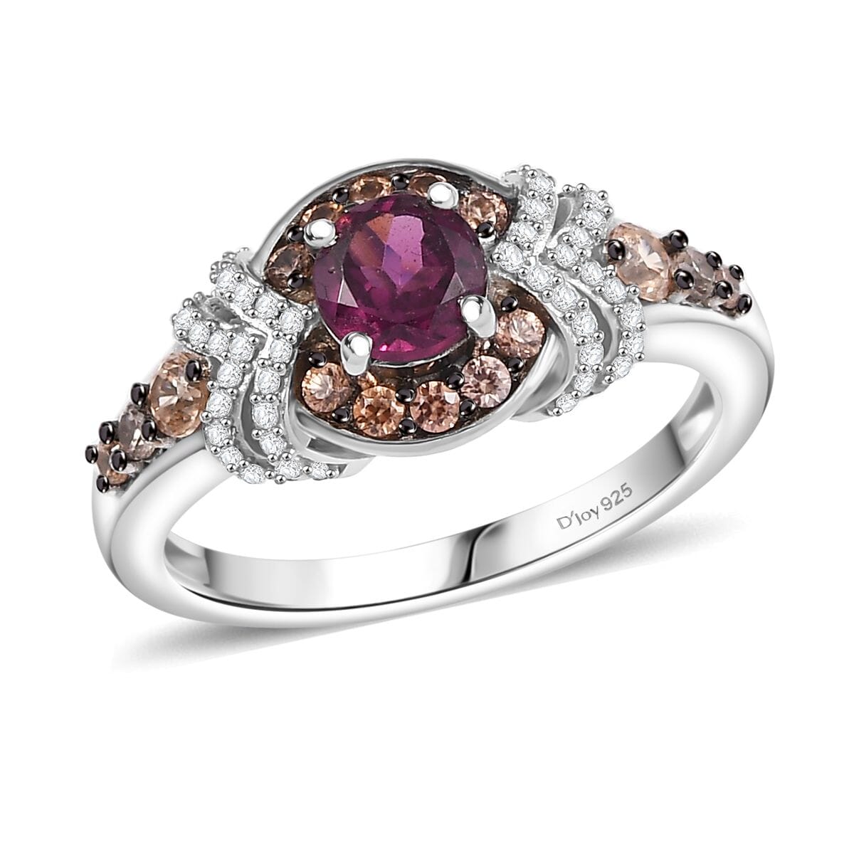 AAA Radiant Ember Garnet, Brown and White Zircon Ring in Rhodium Over Sterling Silver (Size 10.0) 1.60 ctw image number 0