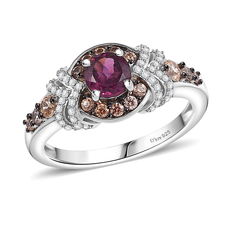 D'Joy AAA Radiant Ember Garnet, Brown and White Zircon 1.60 ctw Celestial Beauty Ring in Rhodium Over Sterling Silver (Size 10.0)