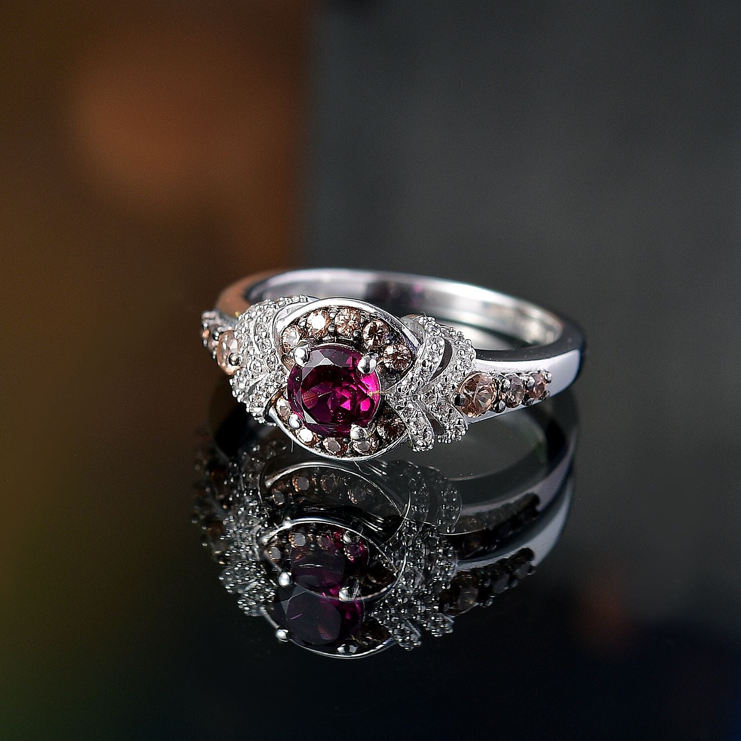 D'Joy AAA Radiant Ember Garnet, Brown and White Zircon 1.60 ctw Celestial Beauty Ring in Rhodium Over Sterling Silver (Size 10.0)