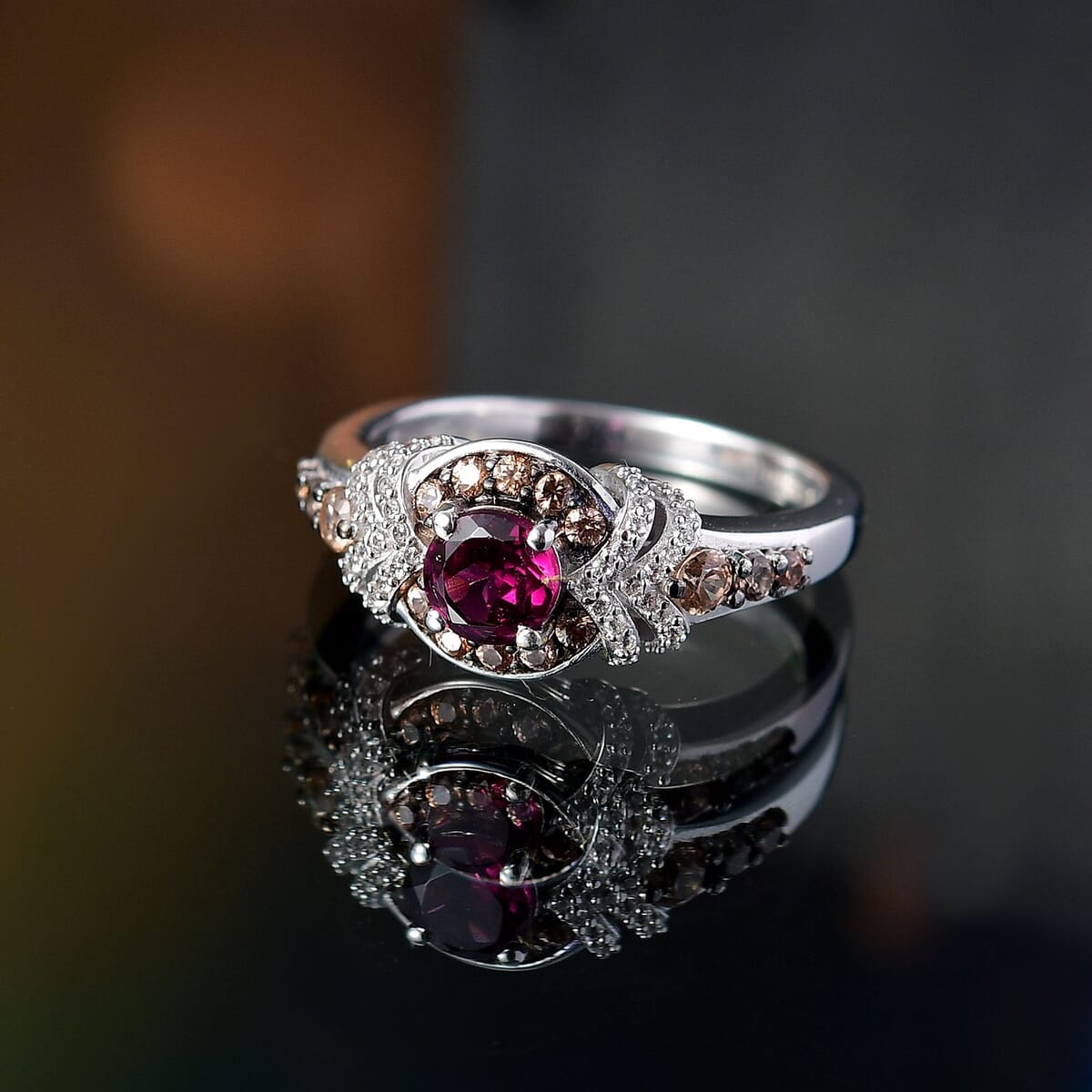 AAA Radiant Ember Garnet, Brown and White Zircon Ring in Rhodium Over Sterling Silver (Size 10.0) 1.60 ctw image number 1