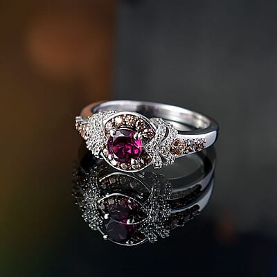 D'Joy AAA Radiant Ember Garnet, Brown and White Zircon 1.60 ctw Celestial Beauty Ring in Rhodium Over Sterling Silver (Size 10.0)