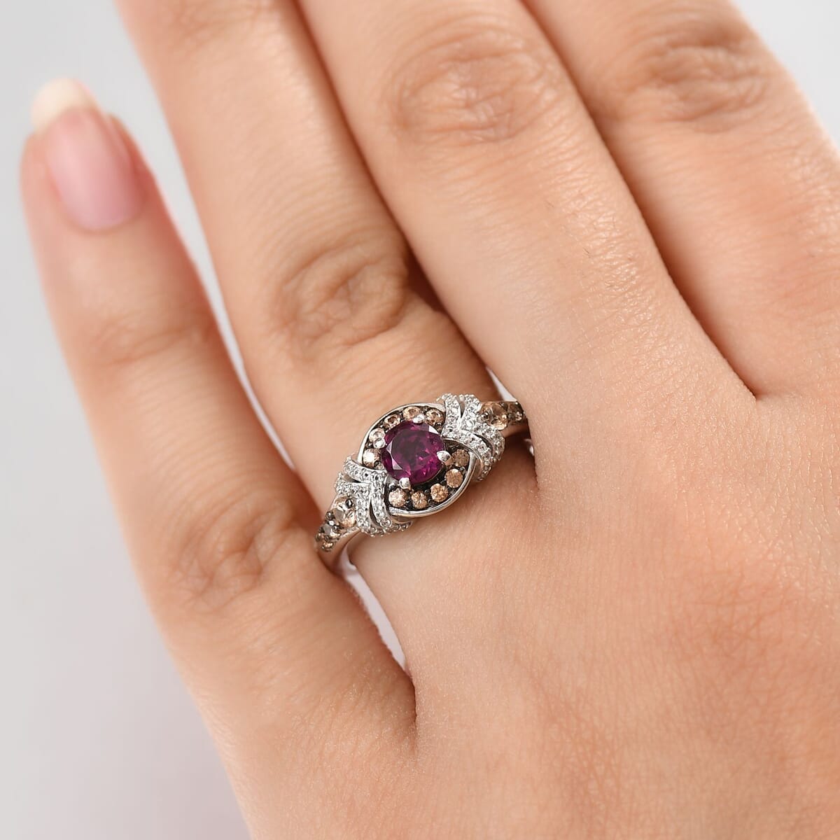 AAA Radiant Ember Garnet, Brown and White Zircon Ring in Rhodium Over Sterling Silver (Size 10.0) 1.60 ctw image number 2