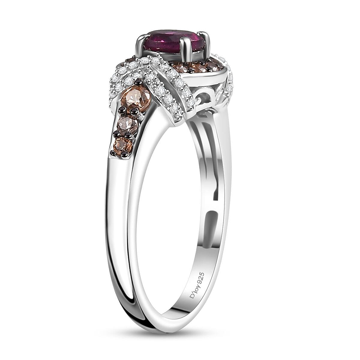 D'Joy AAA Radiant Ember Garnet, Brown and White Zircon 1.60 ctw Celestial Beauty Ring in Rhodium Over Sterling Silver (Size 10.0)