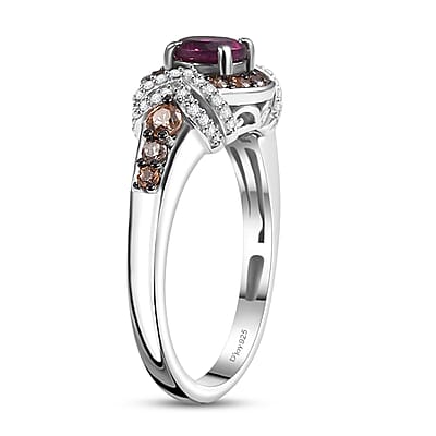 D'Joy AAA Radiant Ember Garnet, Brown and White Zircon 1.60 ctw Celestial Beauty Ring in Rhodium Over Sterling Silver (Size 10.0)