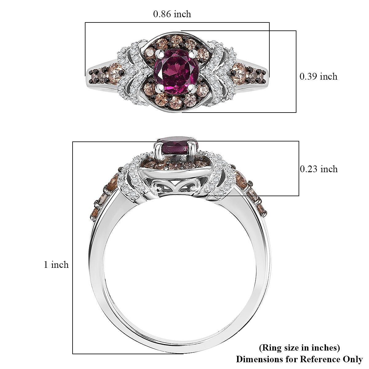 D'Joy AAA Radiant Ember Garnet, Brown and White Zircon 1.60 ctw Celestial Beauty Ring in Rhodium Over Sterling Silver (Size 10.0)