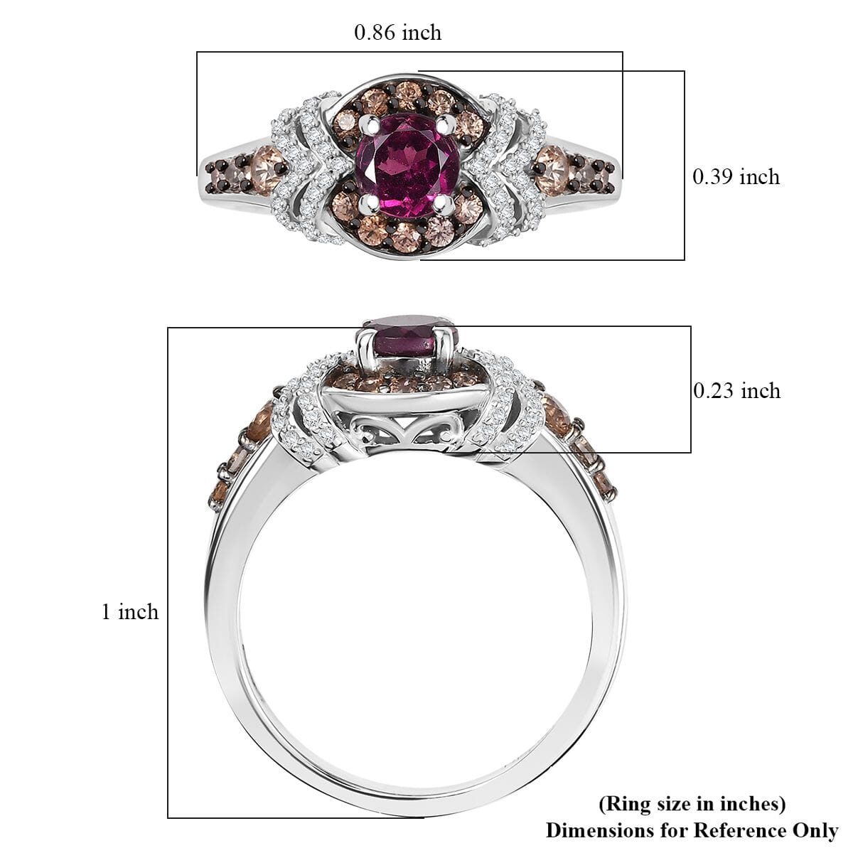 AAA Radiant Ember Garnet, Brown and White Zircon Ring in Rhodium Over Sterling Silver (Size 10.0) 1.60 ctw image number 5