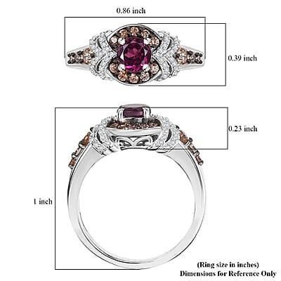 D'Joy AAA Radiant Ember Garnet, Brown and White Zircon 1.60 ctw Celestial Beauty Ring in Rhodium Over Sterling Silver (Size 10.0)