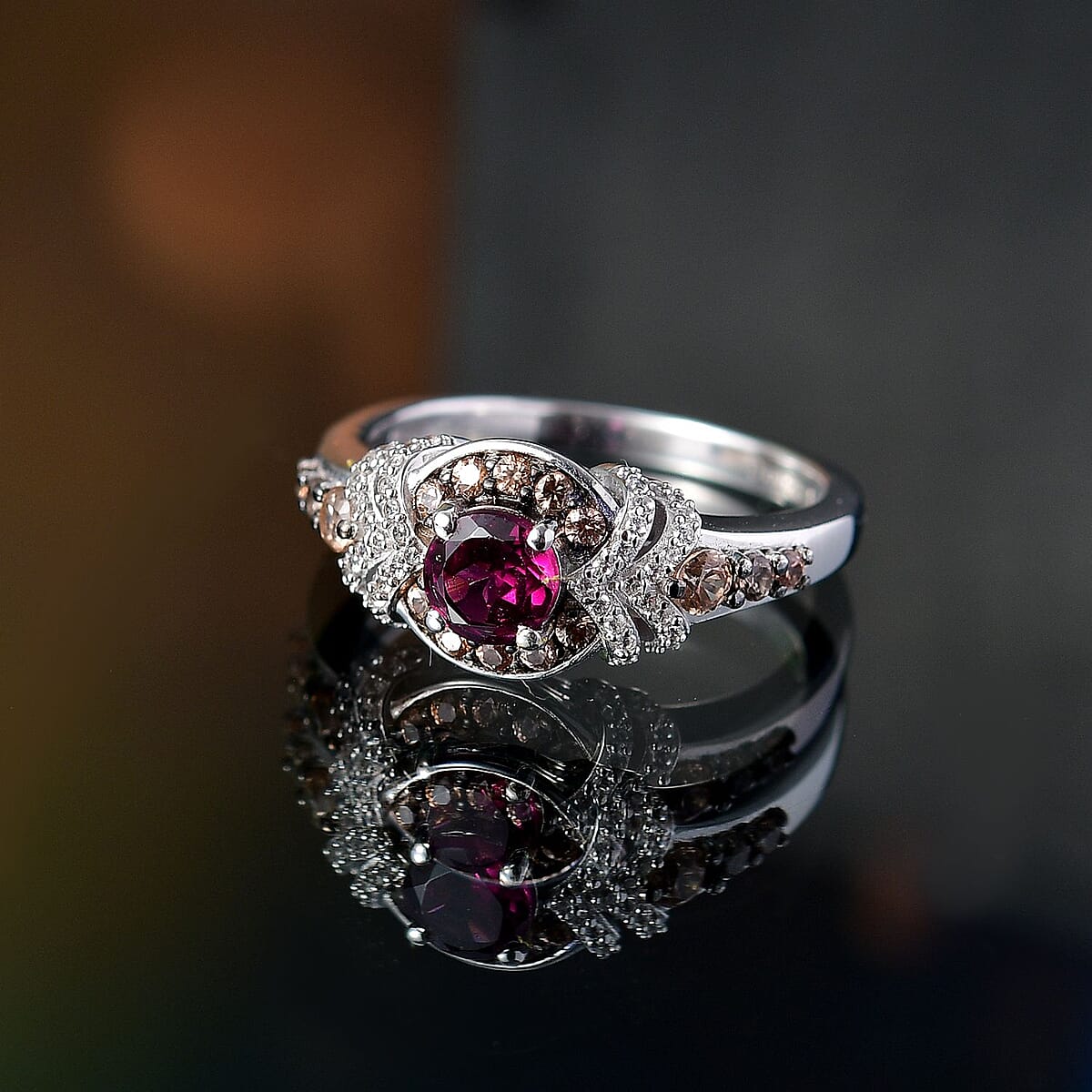D'Joy AAA Radiant Ember Garnet, Brown and White Zircon 1.60 ctw Celestial Beauty Ring in Rhodium Over Sterling Silver (Size 7.0) image number 1