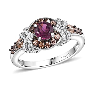D'Joy AAA Radiant Ember Garnet, Brown and White Zircon 1.60 ctw Celestial Beauty Ring in Rhodium Over Sterling Silver (Size 9.0)