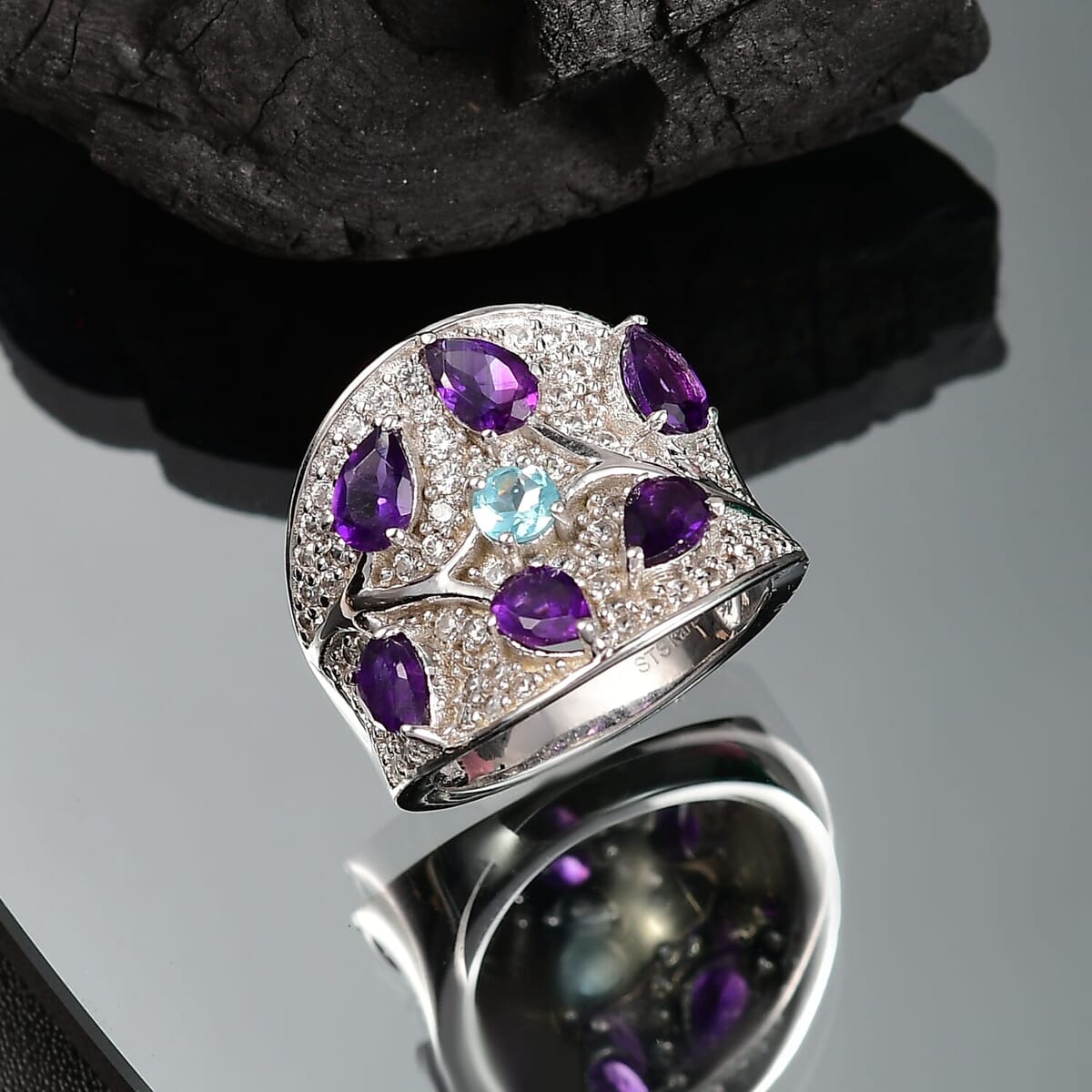 Mashamba Amethyst, Multi Gemstone Ring in Platinum Bond (Size 10.0) 4.30 ctw image number 1