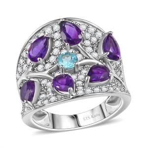 Karis Mashamba Amethyst and Multi Gemstone 4.30 ctw Mystic Garden Bloom Ring in Platinum Bond (Size 5.0)