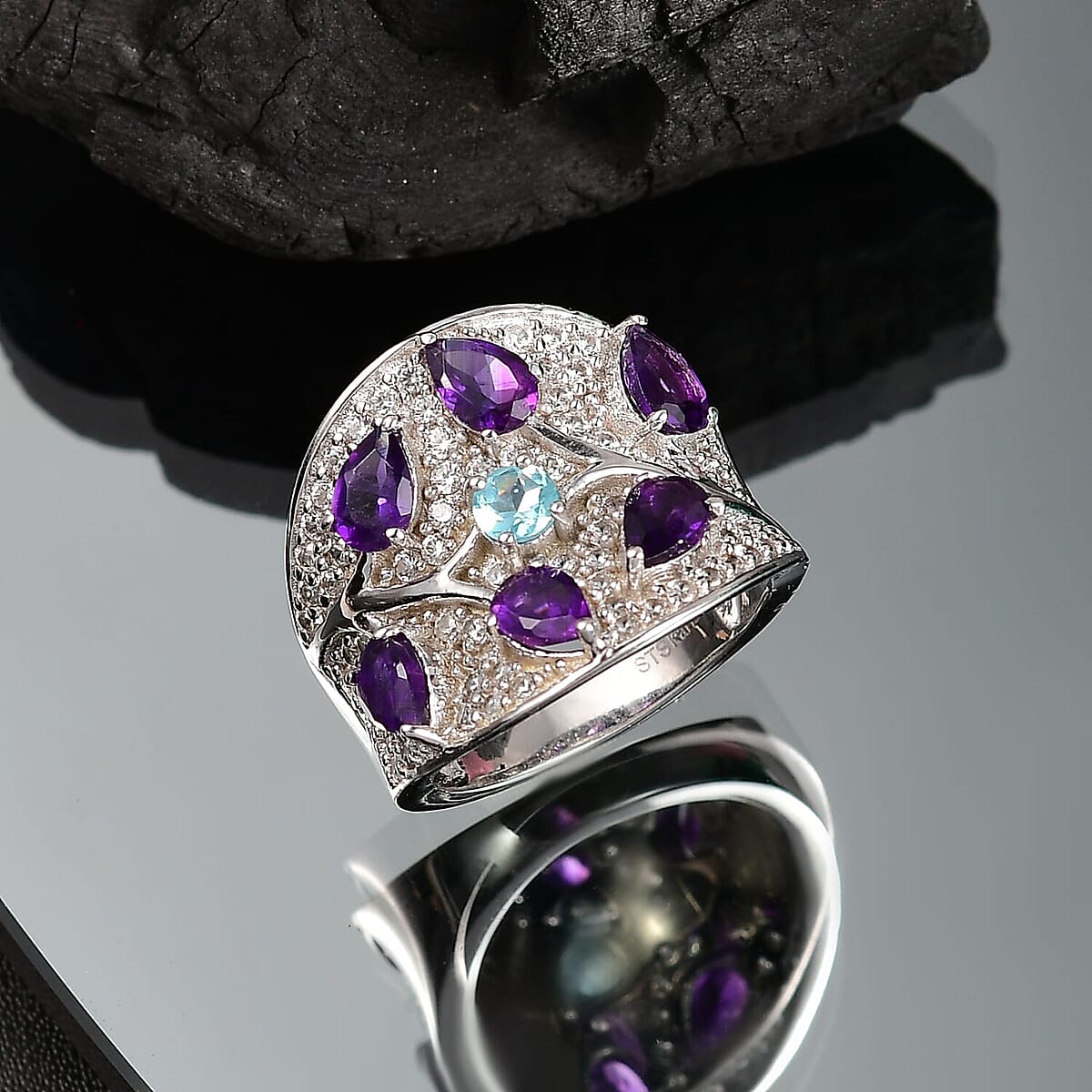 Karis Mashamba Amethyst and Multi Gemstone 4.30 ctw Mystic Garden Bloom Ring in Platinum Bond (Size 6.0) image number 1