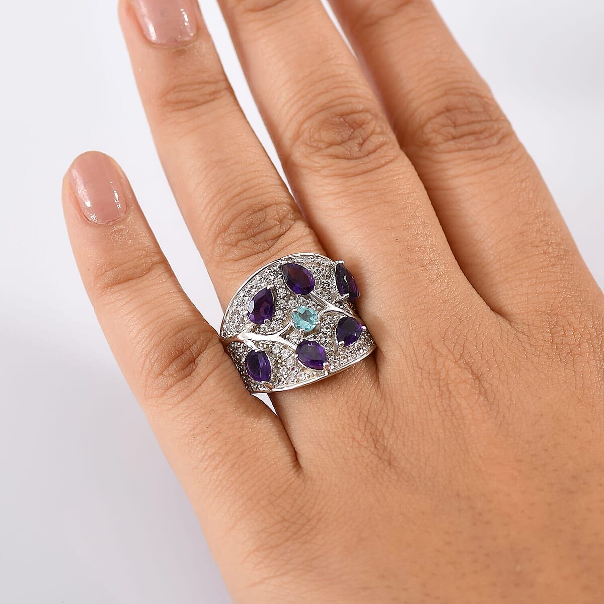 Karis Mashamba Amethyst and Multi Gemstone 4.30 ctw Mystic Garden Bloom Ring in Platinum Bond (Size 6.0) image number 2
