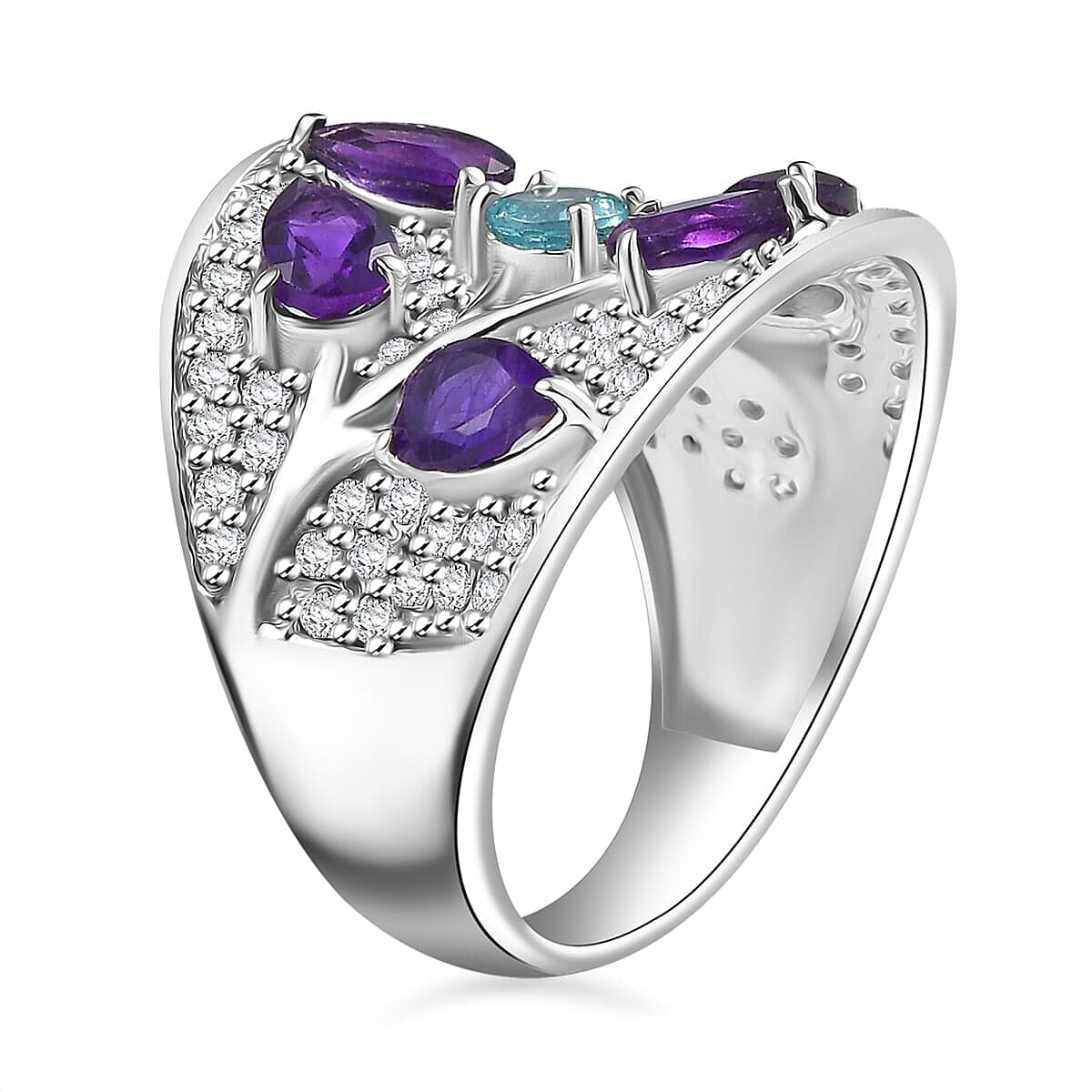 Karis Mashamba Amethyst and Multi Gemstone 4.30 ctw Mystic Garden Bloom Ring in Platinum Bond (Size 6.0) image number 3