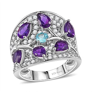 Karis Mashamba Amethyst and Multi Gemstone 4.30 ctw Mystic Garden Bloom Ring in Platinum Bond (Size 7.0)