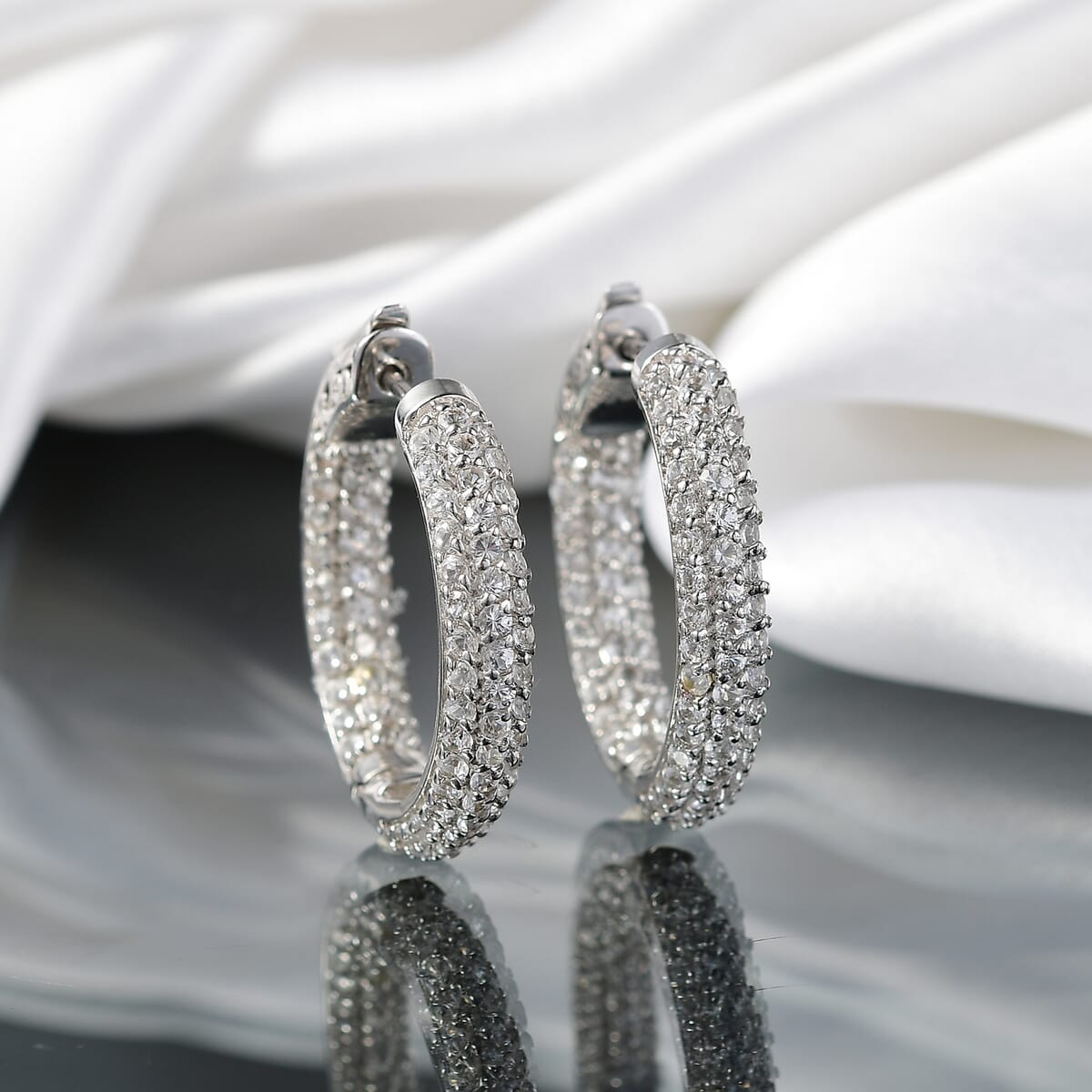 Karis Lab Created White Sapphire 5.00 ctw Hoop Earrings in Platinum Bond image number 1