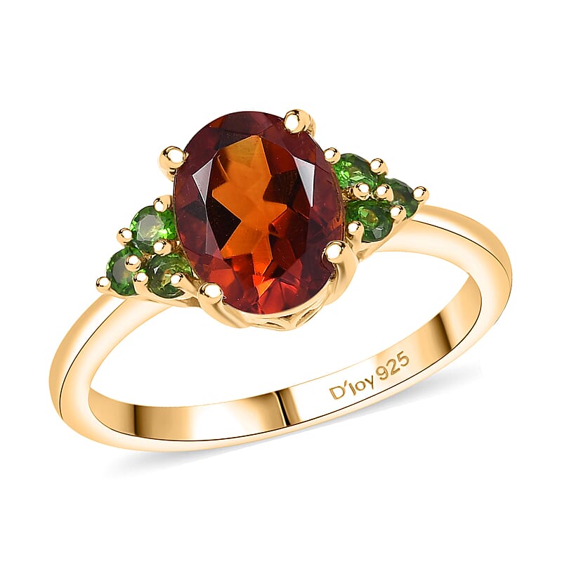 D'Joy Premium Brazilian Cherry Citrine, Chrome Diopside 1.85 ctw Victorian-Era Cluster Ring in 18K Vermeil Yellow Gold Over Sterling Silver (Size 10.0)