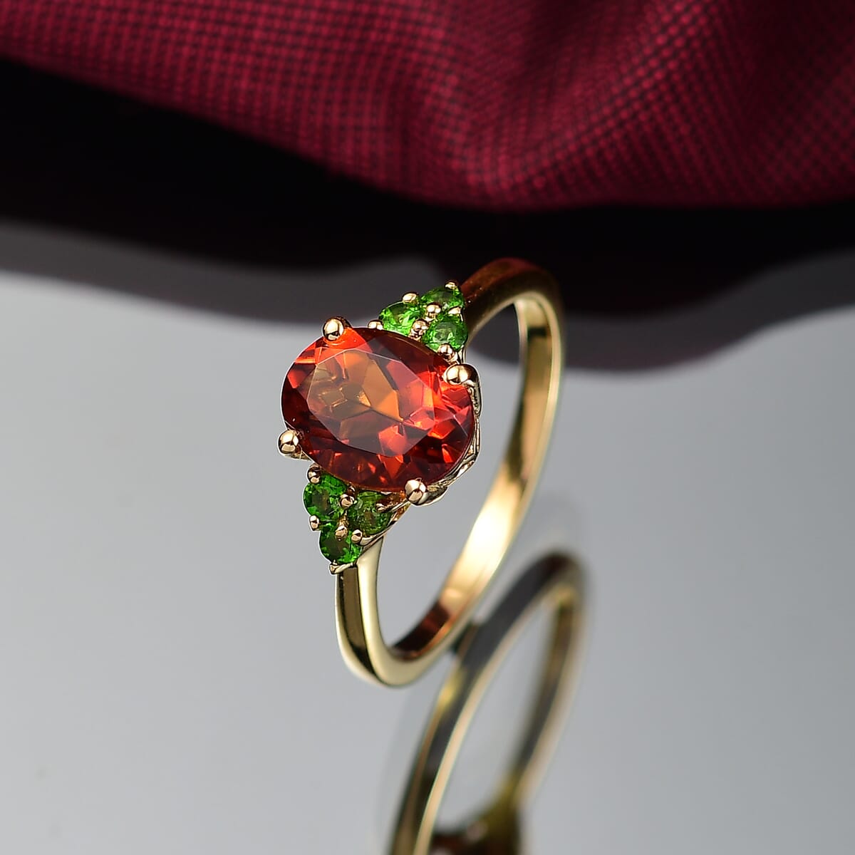 D'Joy Premium Brazilian Cherry Citrine, Chrome Diopside 1.85 ctw Victorian-Era Cluster Ring in 18K Vermeil Yellow Gold Over Sterling Silver (Size 10.0) image number 1