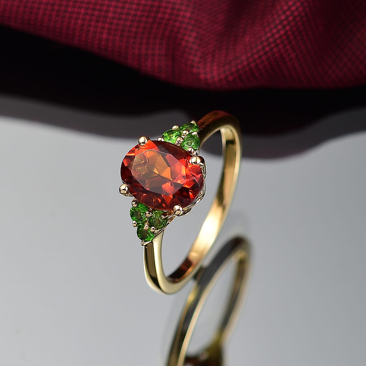 D'Joy Premium Brazilian Cherry Citrine, Chrome Diopside 1.85 ctw Victorian-Era Cluster Ring in 18K Vermeil Yellow Gold Over Sterling Silver (Size 6.0) image number 1