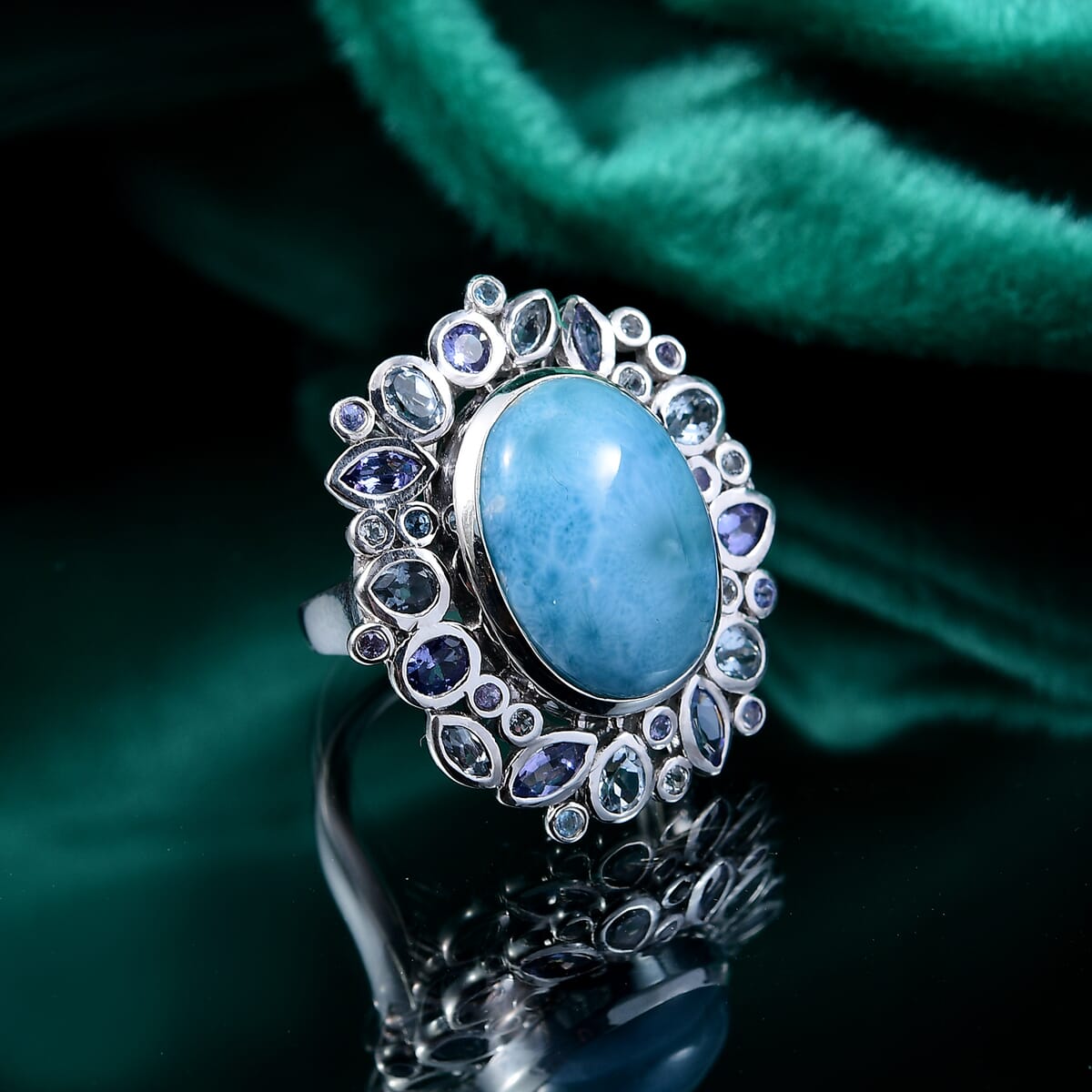 D'Joy Premium Larimar and Multi Gemstone 16.25 ctw Ocean Crown Ring in Rhodium Over Sterling Silver (Size 10.0) image number 1