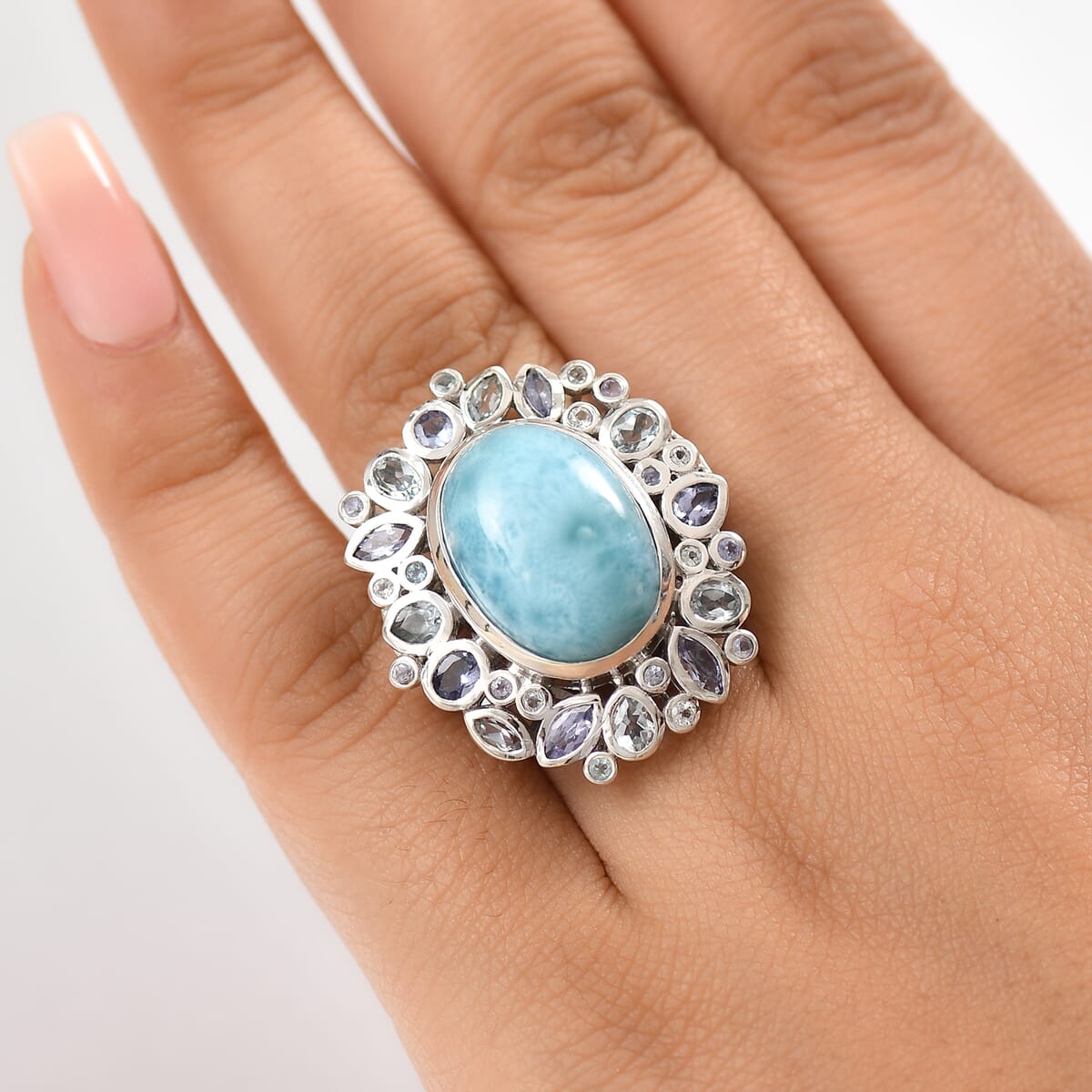 D'Joy Premium Larimar and Multi Gemstone 16.25 ctw Ocean Crown Ring in Rhodium Over Sterling Silver (Size 10.0) image number 2
