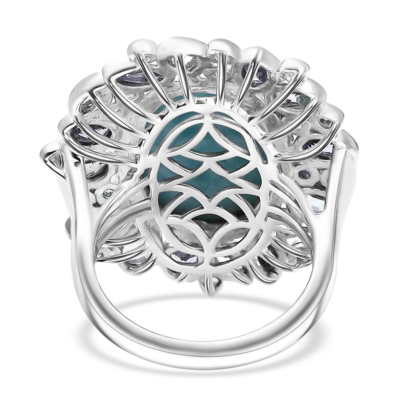 D'Joy Premium Larimar and Multi Gemstone 16.25 ctw Ocean Crown Ring in Rhodium Over Sterling Silver (Size 10.0)