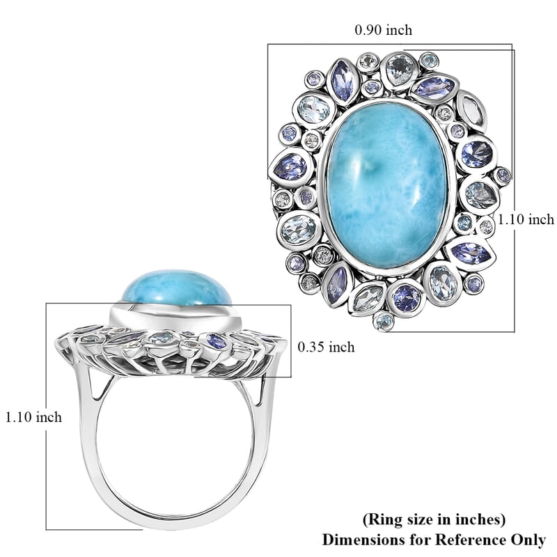 D'Joy Premium Larimar and Multi Gemstone 16.25 ctw Ocean Crown Ring in Rhodium Over Sterling Silver (Size 10.0)